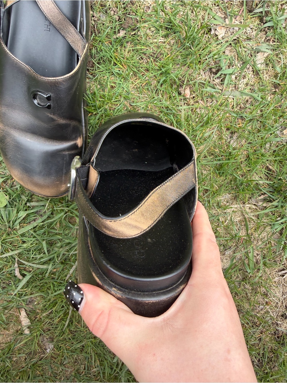 Coach Black Leather Clog Slingback with Distressed Brown Accents - Picture 3 of 3